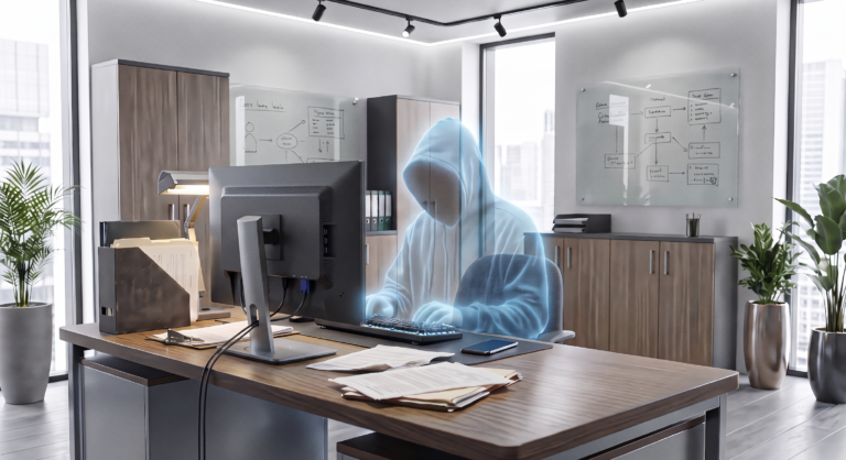 Shadowy figure as AI Shadow in an office working alone