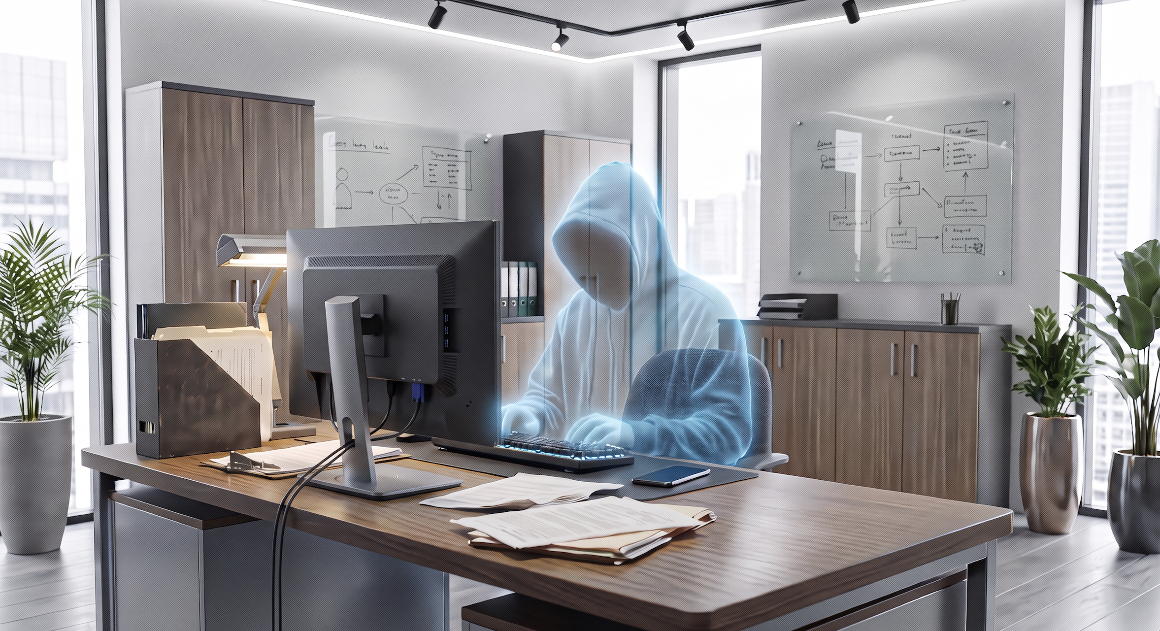 Shadowy figure as AI Shadow in an office working alone
