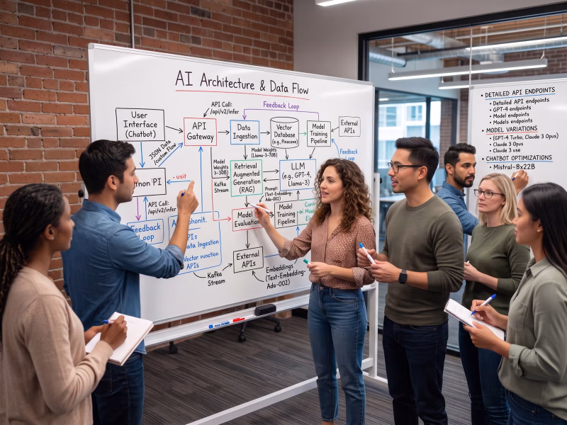 People discussing AI frameworks around whiteboard image